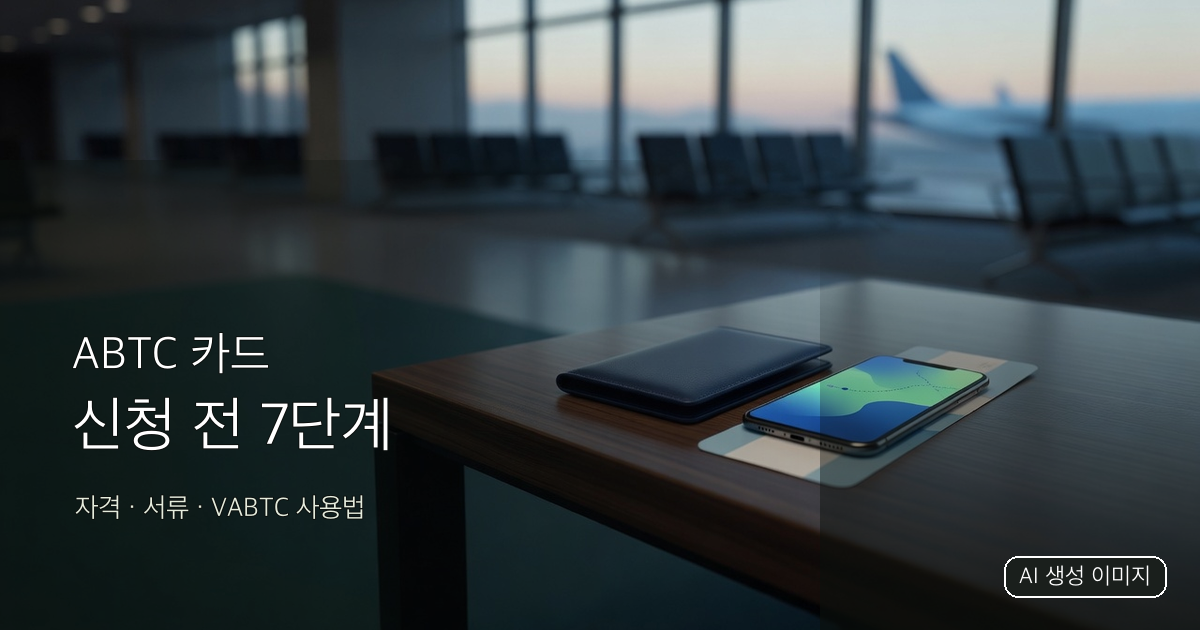 사람이 없는 공항 대합실의 여행지갑과 스마트폰 위에 ABTC 신청 체크리스트 제목이 적힌 AI 생성 표지