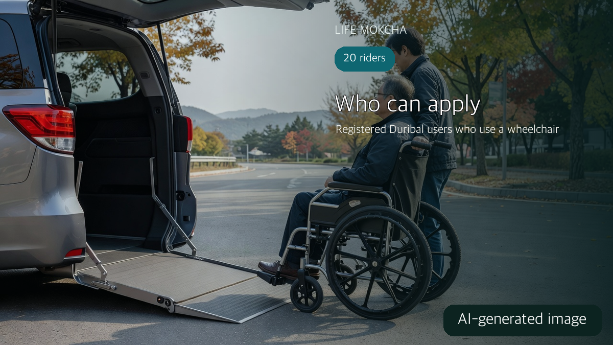 AI-generated wheelchair user and companion beside an accessible minivan