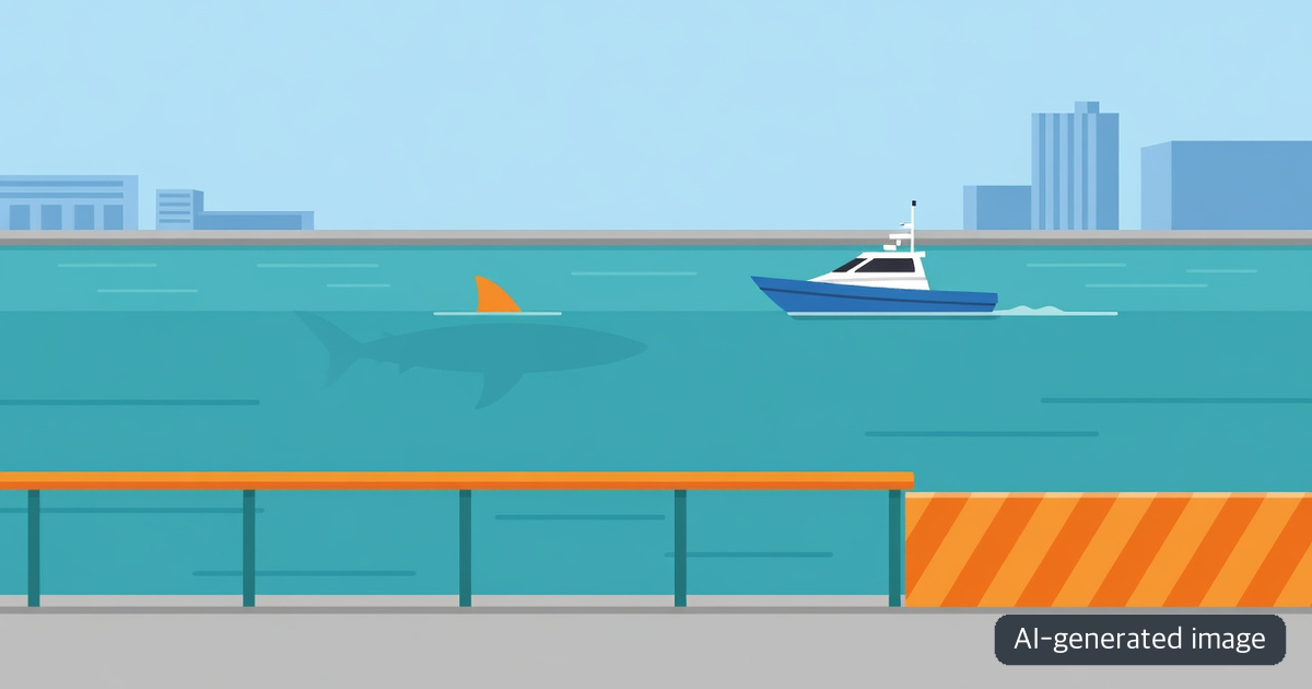 AI-generated public-safety illustration showing a safe setback from a shark in a waterfront channel