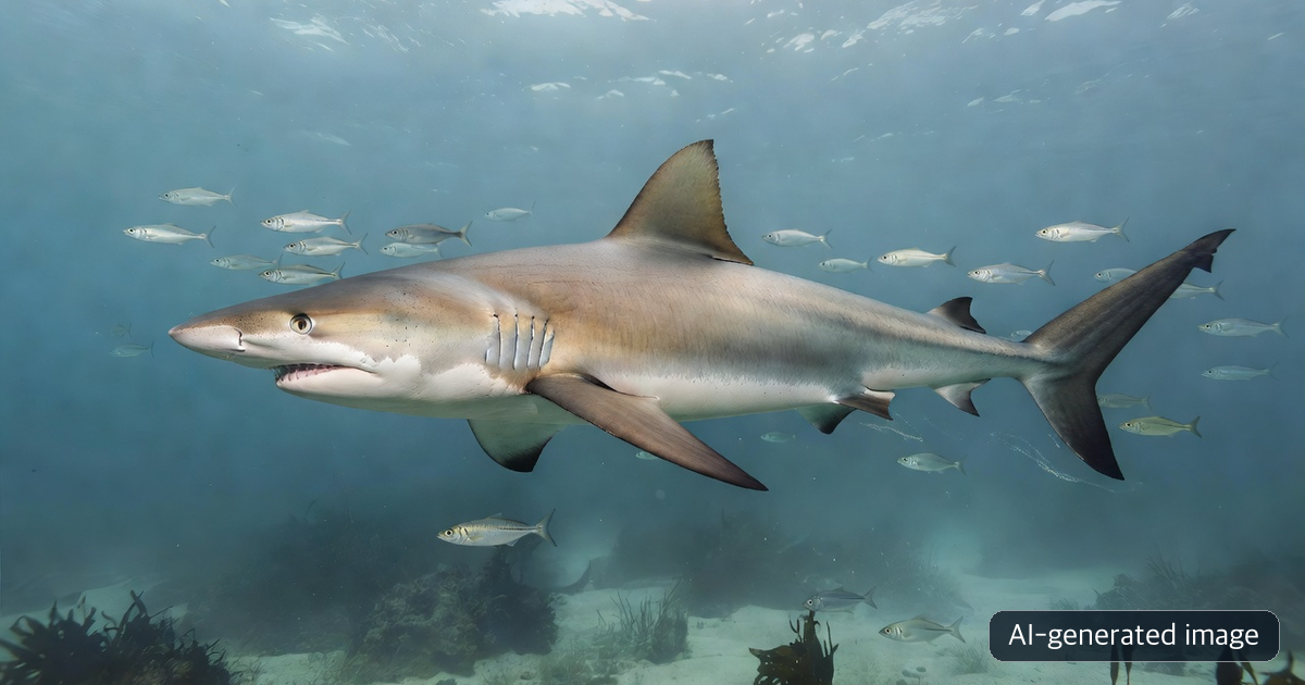 AI-generated representative image of a large coastal shark inspired by a bronze whaler