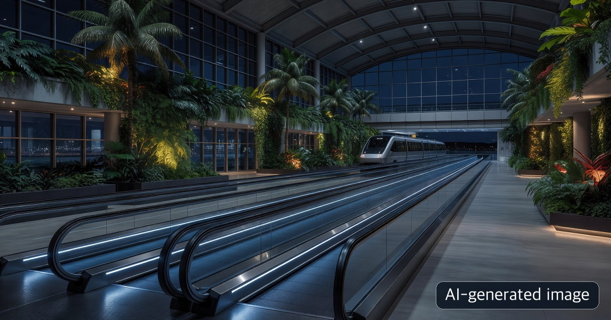 AI-generated generic airside transfer concourse, not Changi Airport