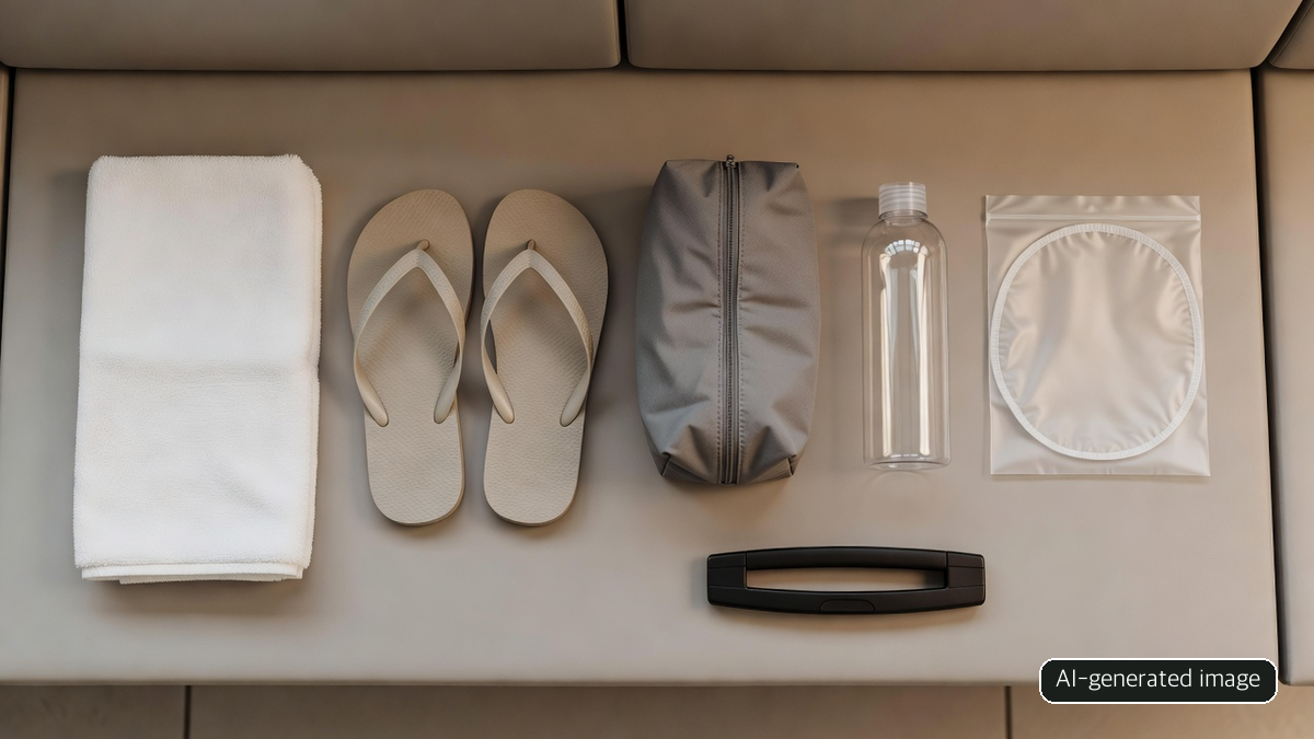 AI-generated flat-lay of generic shower travel items, not a list of lounge-provided amenities