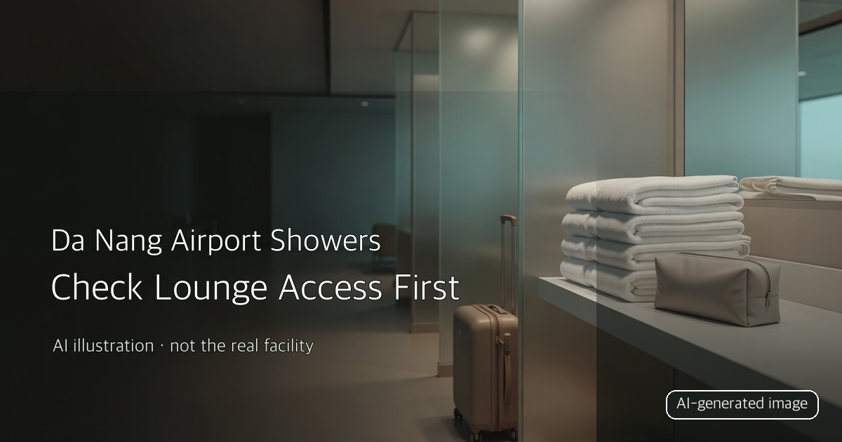 AI-generated airport shower guide cover with towels and a carry-on, not a photograph of the actual facility