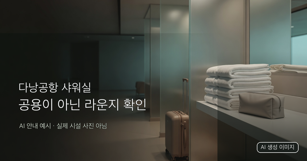 수건과 여행가방을 배치한 실제 시설 사진이 아닌 AI 생성 공항 샤워 안내 표지