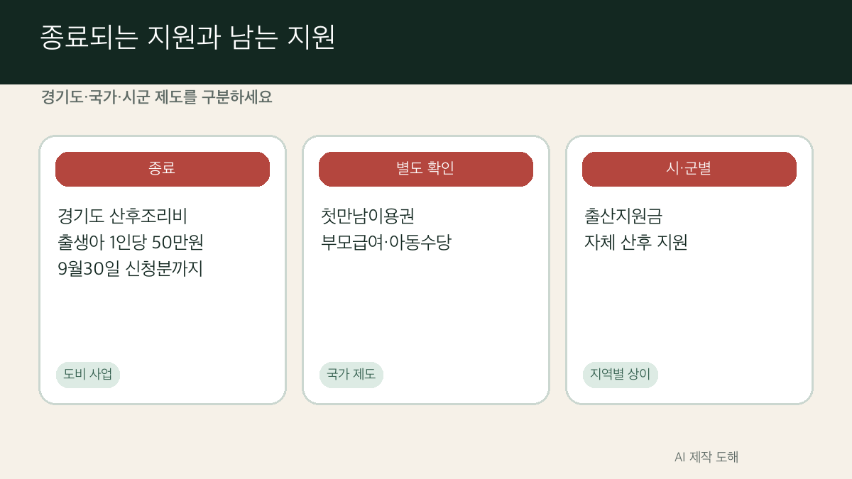 종료되는 경기도 사업과 계속 확인할 지원을 구분한 AI 제작 도해