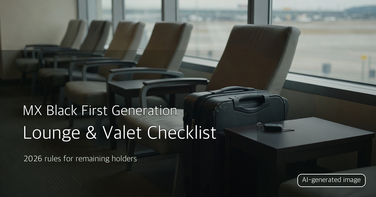 Airport seating, a carry-on bag, and a car key for an MX Black lounge and valet checklist