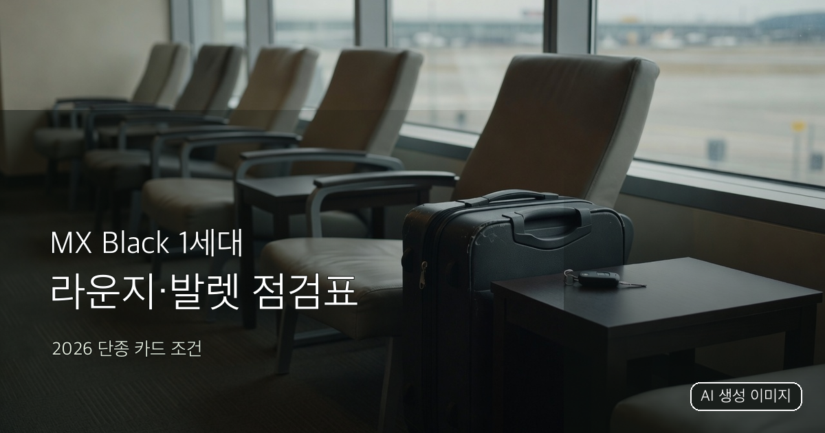 공항 대기 좌석과 여행 가방, 자동차 키를 배경으로 한 MX Black 1세대 라운지·발렛 점검표 표지