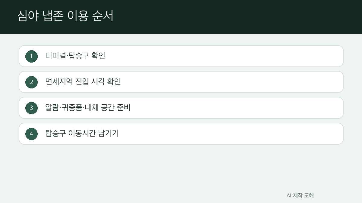 심야 공항 휴식 전 확인 순서를 정리한 AI 제작 체크리스트