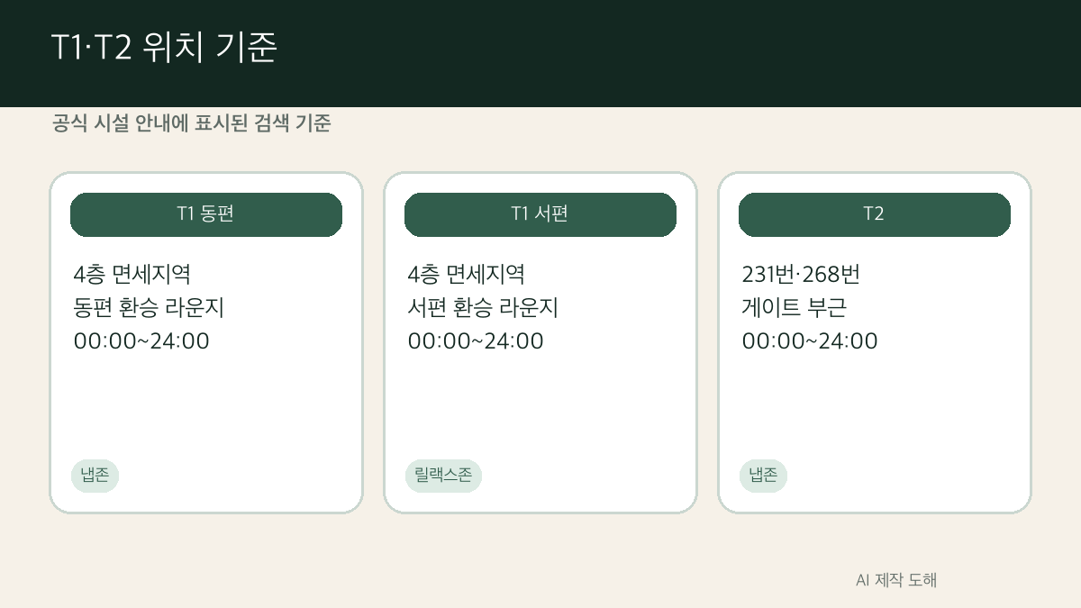 T1과 T2의 냅존 위치 기준을 단순화한 AI 제작 도해