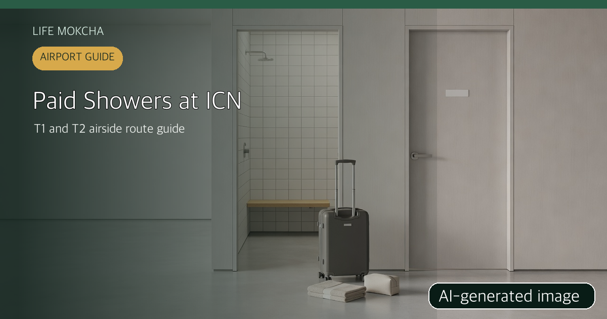 AI-generated generic airport paid-shower route image, not a photograph of Incheon Airport
