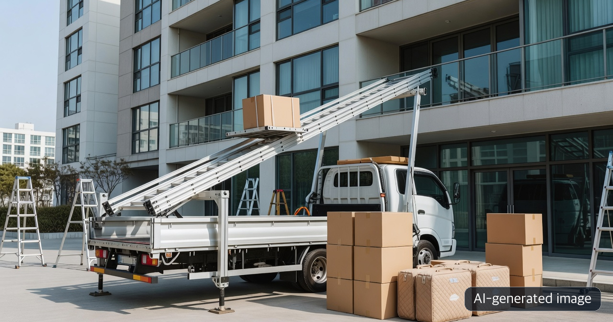 AI-generated image of a Korean high-rise move using a truck-mounted furniture ladder lift