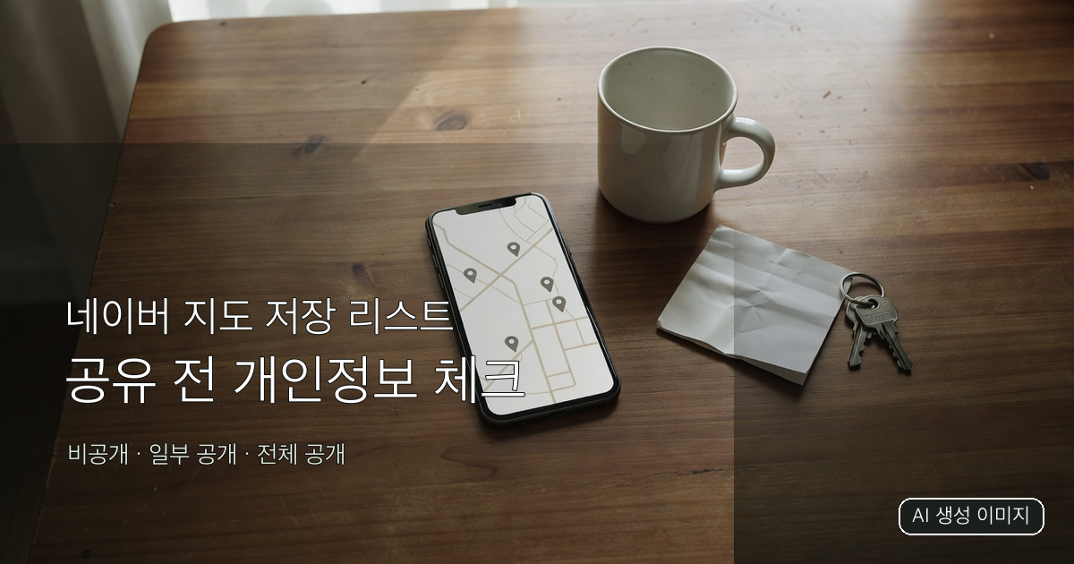 테이블 위 스마트폰과 지도 핀을 배경으로 한 네이버 지도 저장 리스트 개인정보 체크리스트 표지