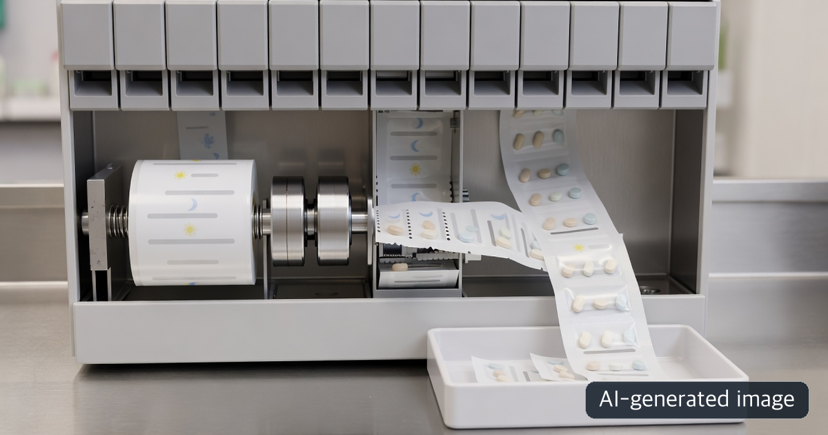 AI-generated view of a generic cassette-to-film-to-sealer pharmacy pouch workflow