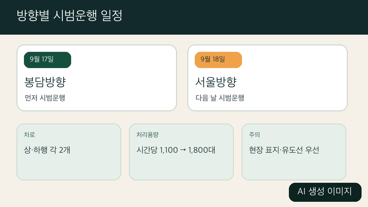 다차로 하이패스 방향별 시범운행 일정과 처리용량을 정리한 AI 제작 도해