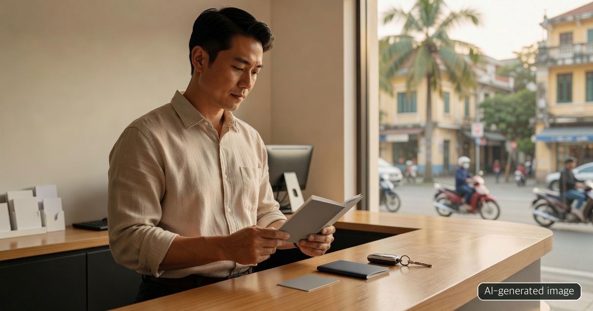 AI-generated rental-counter image of a traveler checking documents before driving in Vietnam
